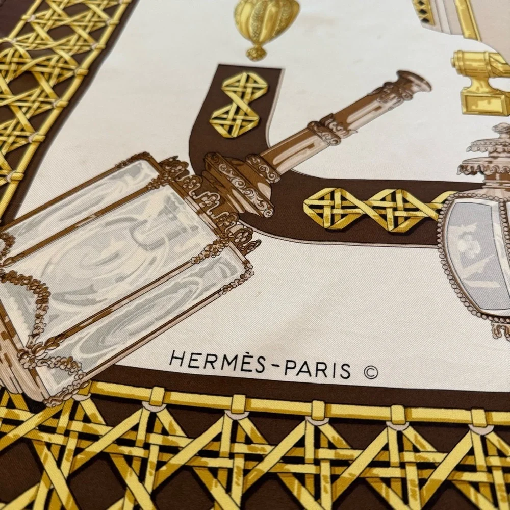 Hermes Paris Silk Scarf with Gold and Brown 34”